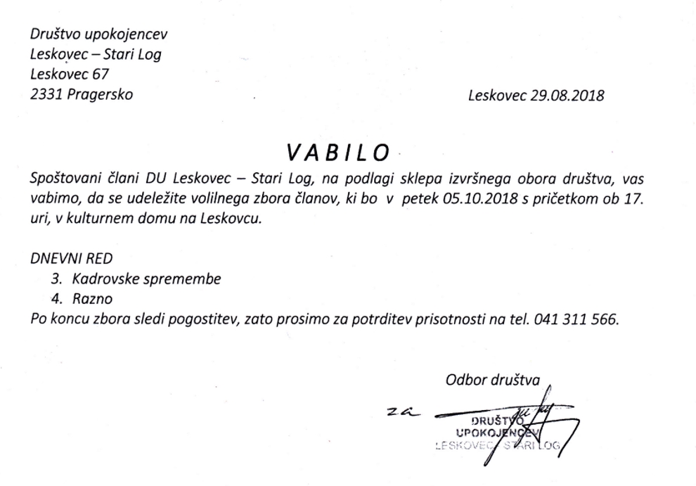 Vabilo na volilni zbor �lanov